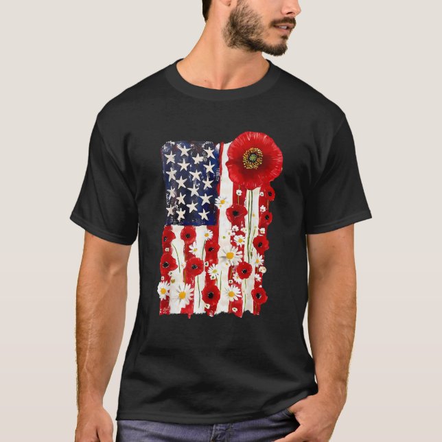 Red Poppy Flower US Flag Patriotic Veterans Day Me T-Shirt (Front)