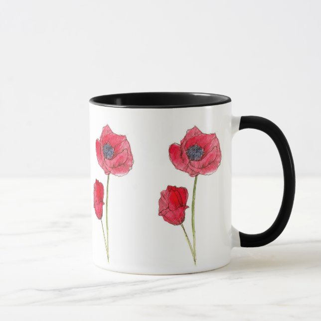 Red Poppy Flower Watercolor Botanical Art Mug (Right)
