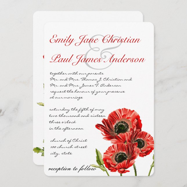 Red Poppy Flower Wedding Invitation (Front/Back)