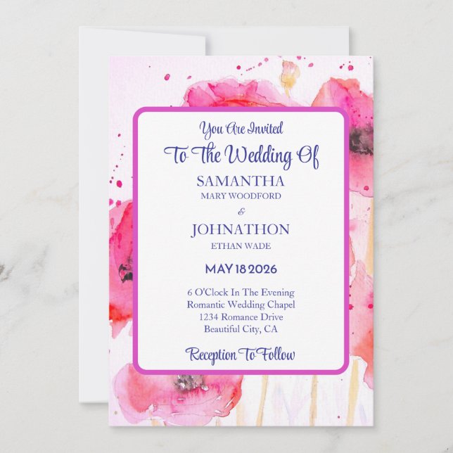 Red Poppy Flower Wedding Invitation Watercolor (Front)