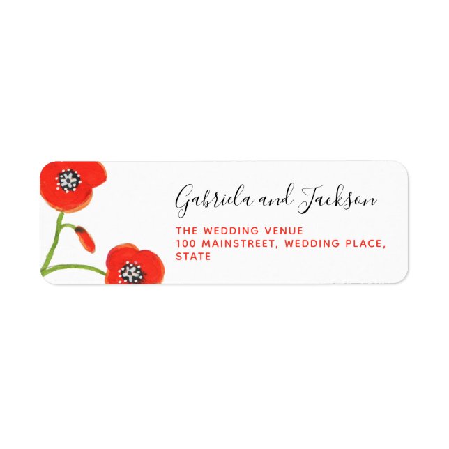 Red Poppy Flower Wedding Return Address Label (Front)