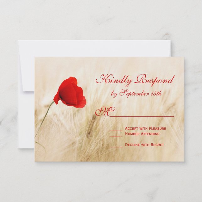 Red Poppy Flower Wheat Field Wedding RSVP Cards (Front)
