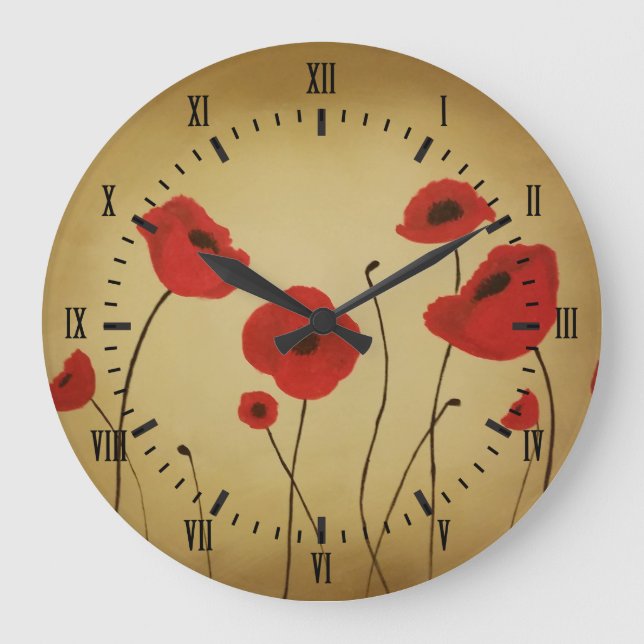 Red Poppy Flowers Black Roman Numerals Large Clock (Front)