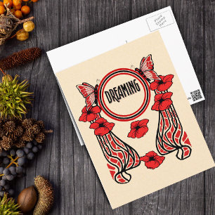 Red Poppy Flowers Butterfly Abstract Dreaming Postcard