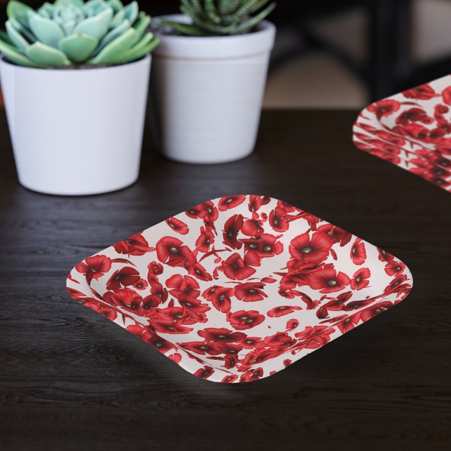 Red Poppy Flowers Cascading Poppies Floral Paper Plate (A poppy pattern paper plate for you to pop your popcorn on. Perfect for poppy parties and picnics)