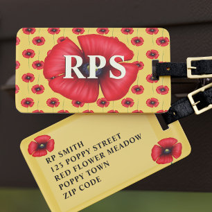 Red Poppy Flowers Custom Initials Luggage Tag