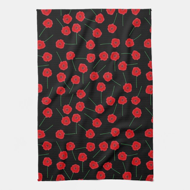 Red Poppy Flowers Custom Pattern Tea Towel (Vertical)