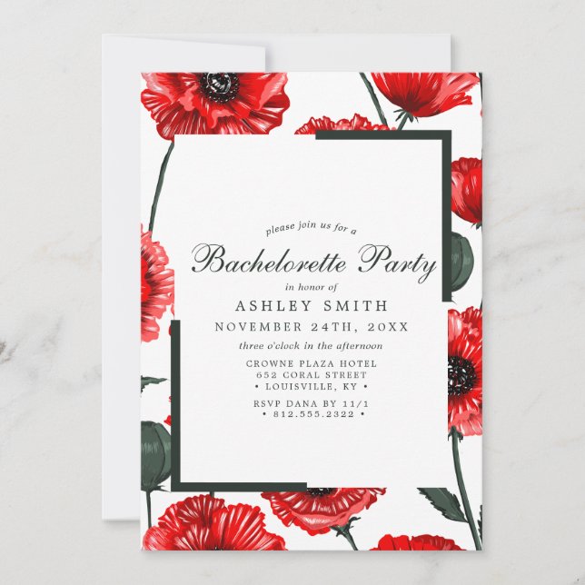 Red Poppy Flowers Floral Bachelorette Party Invitation (Front)