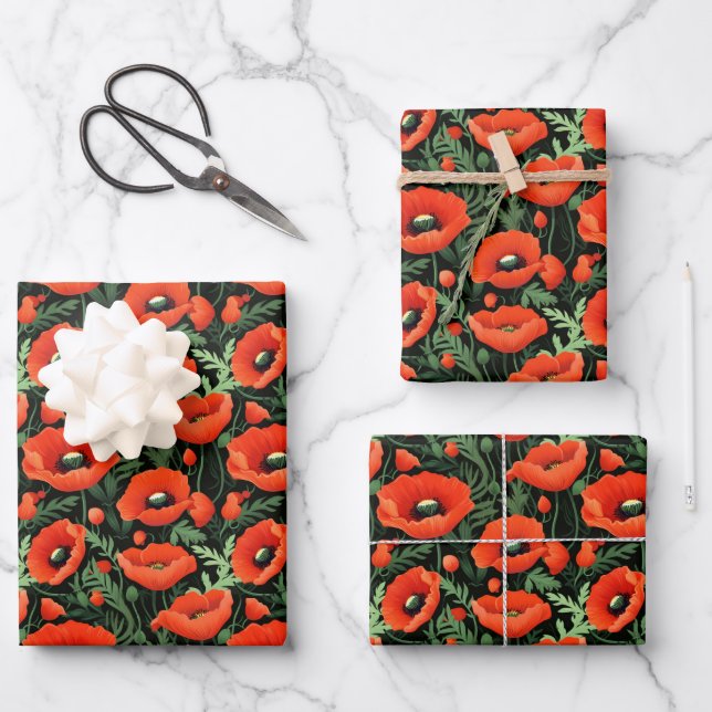 Red Poppy Flowers Floral Greenery Birthday Bridal  Wrapping Paper Sheet (Front)