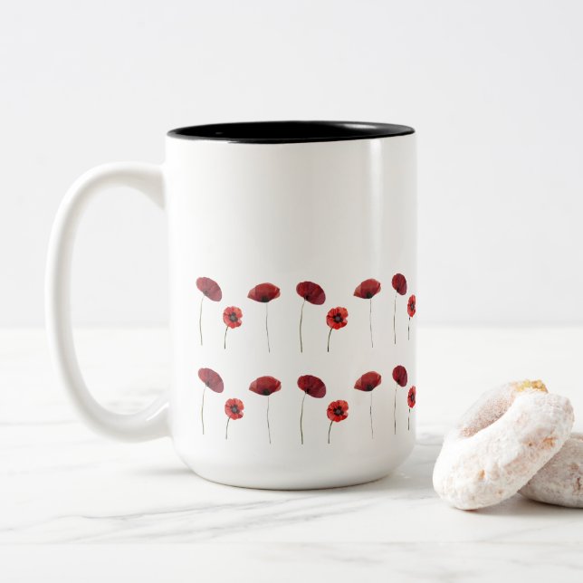 Red Poppy Flowers Floral Patterns Two-Tone Coffee Mug (With Donut)