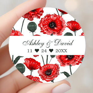 Red Poppy Flowers Floral Personalised Wedding Classic Round Sticker