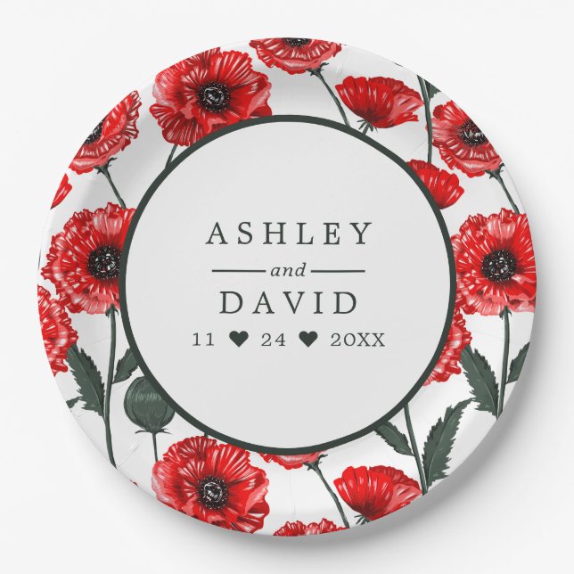 Red Poppy Flowers Floral Personalised Wedding Paper Plate (Front)