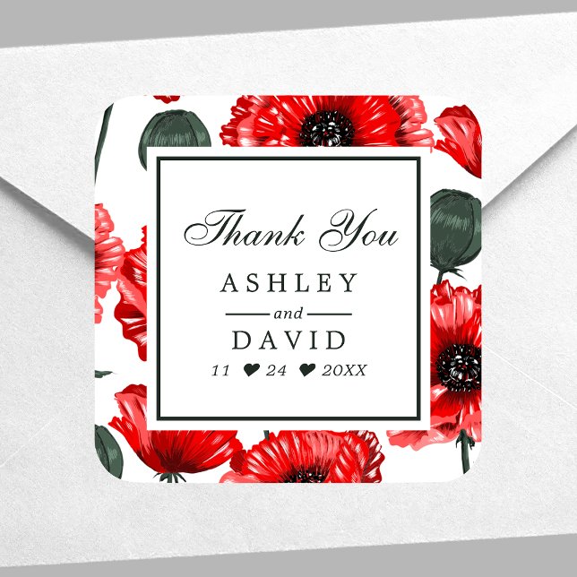 Red Poppy Flowers Floral Wedding Thank You Square Sticker (Creator Uploaded)