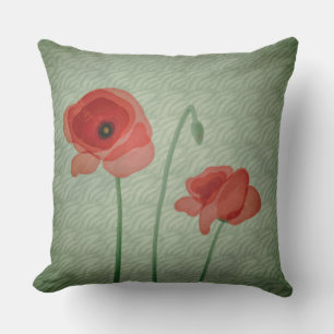 Red Poppy Flowers Green Filigree Abstract Cushion