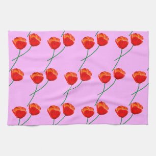 Red Poppy Flowers Heart Pastel Lilac Tea Towel