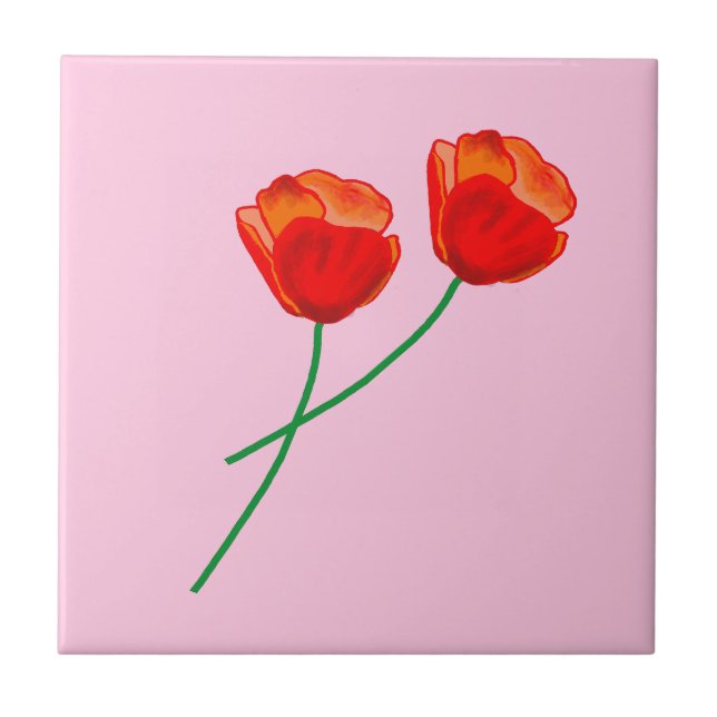 Red Poppy Flowers Heart Pastel Pink Ceramic Tile (Front)