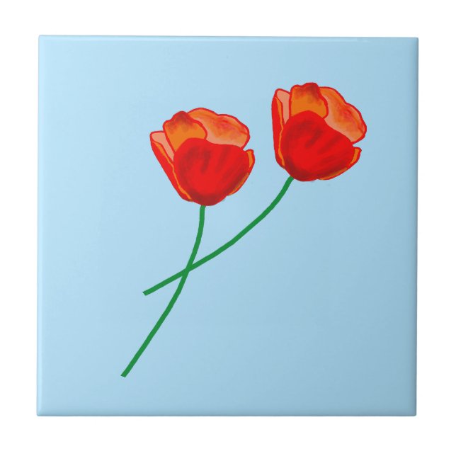 Red Poppy Flowers Heart Sky Pale Blue Ceramic Tile (Front)