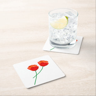 Red Poppy Flowers Heart Square Paper Coaster