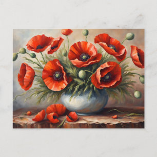 Red Poppy Flowers in Blue Vase  Postcard