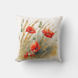 Red Poppy Flowers In The Wheat Field Cushion