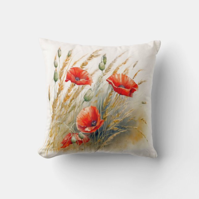 Red Poppy Flowers In The Wheat Field Cushion (Front)