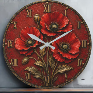 Red Poppy Flowers Large Clock