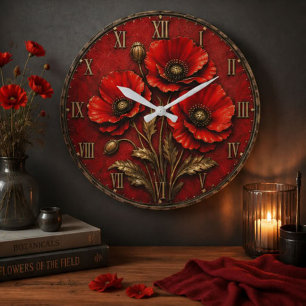 Red Poppy Flowers Large Clock
