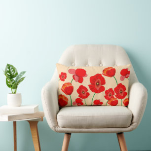 Red Poppy Flowers Lumbar Cushion