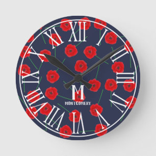 Red Poppy Flowers & Navy Blue Family Monogram Round Clock