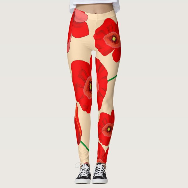 Red Poppy Flowers on Beige Background Illustration Leggings (Front)