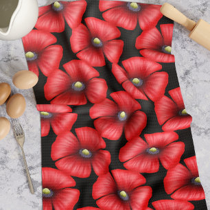 Red Poppy Flowers on Black Kitchen Towel