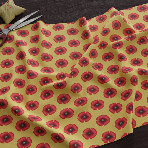 Red Poppy Flowers Pattern on Yellow Fabric