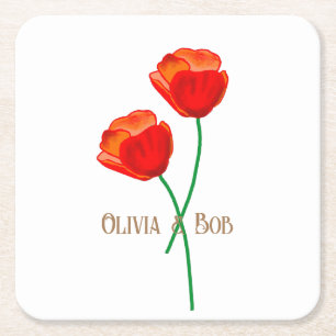 Red Poppy Flowers Personalised Square Paper Coaster