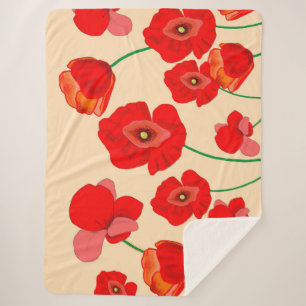 Red Poppy Flowers Sherpa Blanket