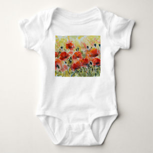 Red poppy flowers, soft watercolor. baby bodysuit