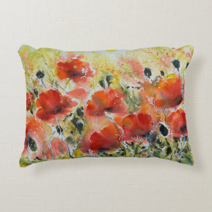Red poppy flowers, soft watercolor. decorative cushion