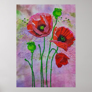 Red Poppy Flowers Textile Art Print | Colorful