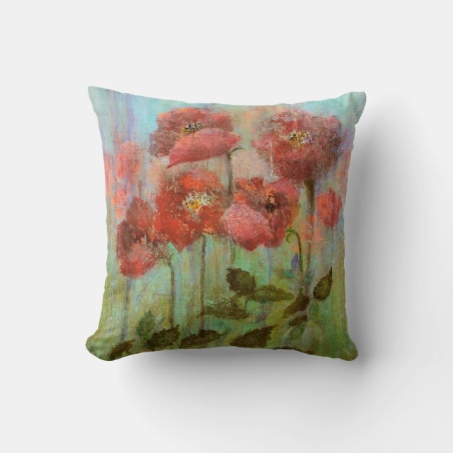 Red Poppy Flowers Watercolor Cushion (Front)