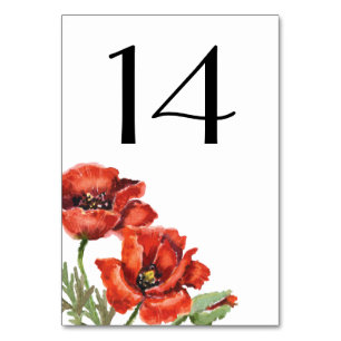 Red Poppy Flowers Wedding Table Number