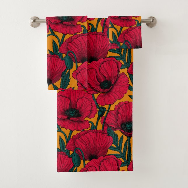 Red poppy garden bath towel set (Insitu)
