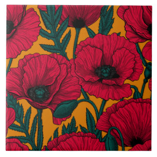 Red poppy garden ceramic tile