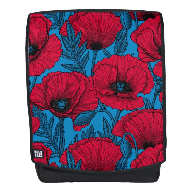 Red poppy garden on blue backpack (Front)