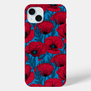 Red poppy garden on blue iPhone 15 mini case