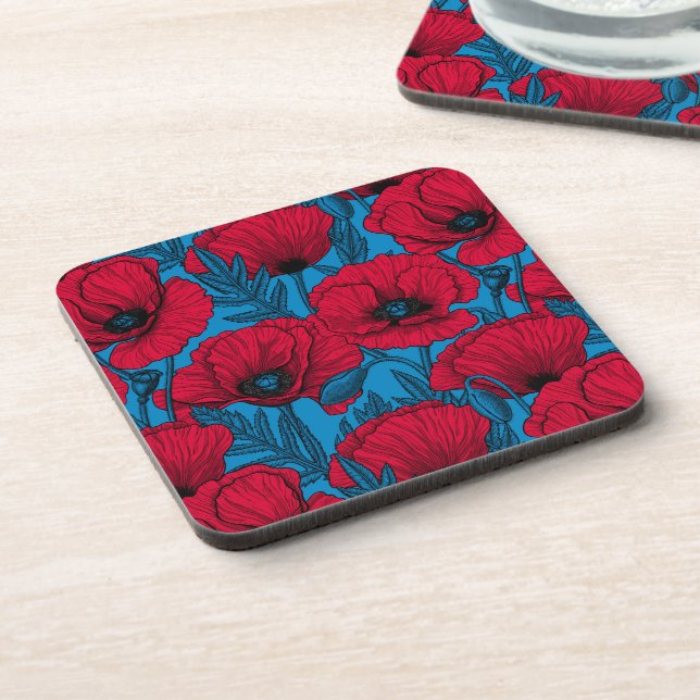 Red poppy garden on blue coaster (Left Side)