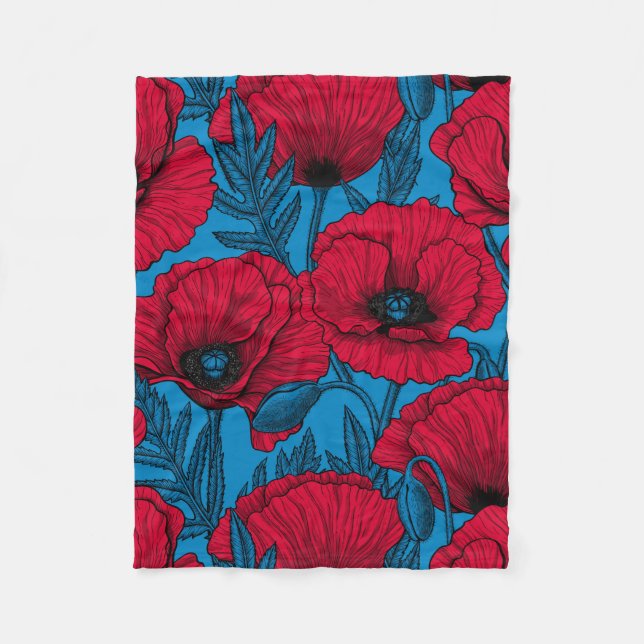 Red poppy garden on blue fleece blanket (Front)