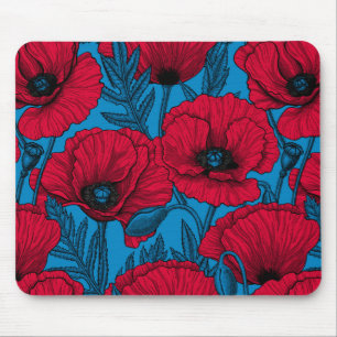 Red poppy garden on blue mouse pad