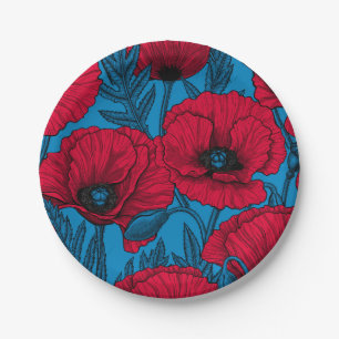 Red poppy garden on blue paper plate