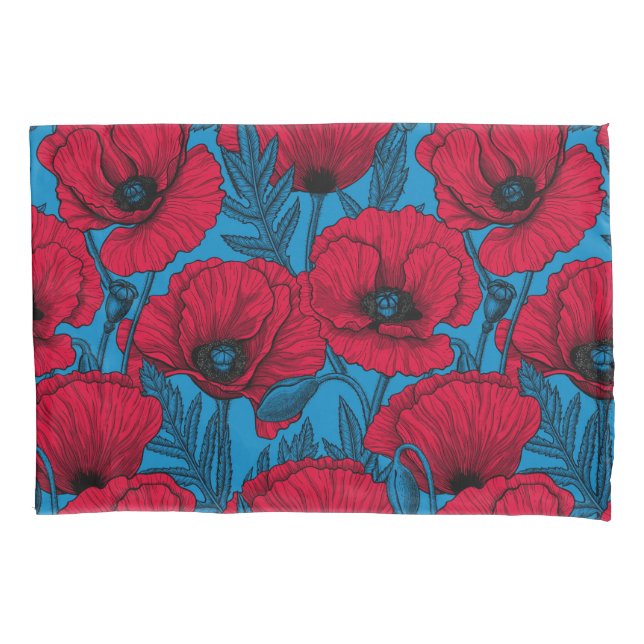 Red poppy garden on blue pillowcase (Front)