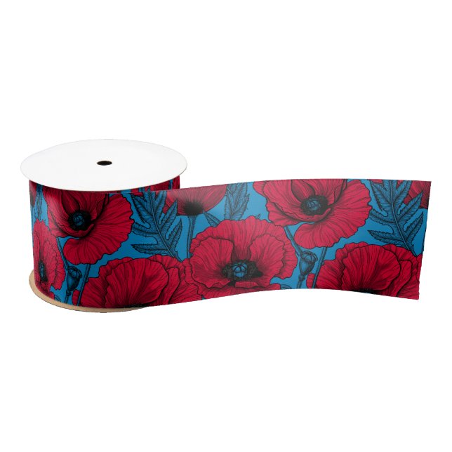 Red poppy garden on blue satin ribbon (Spool)