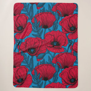 Red poppy garden on blue sherpa blanket